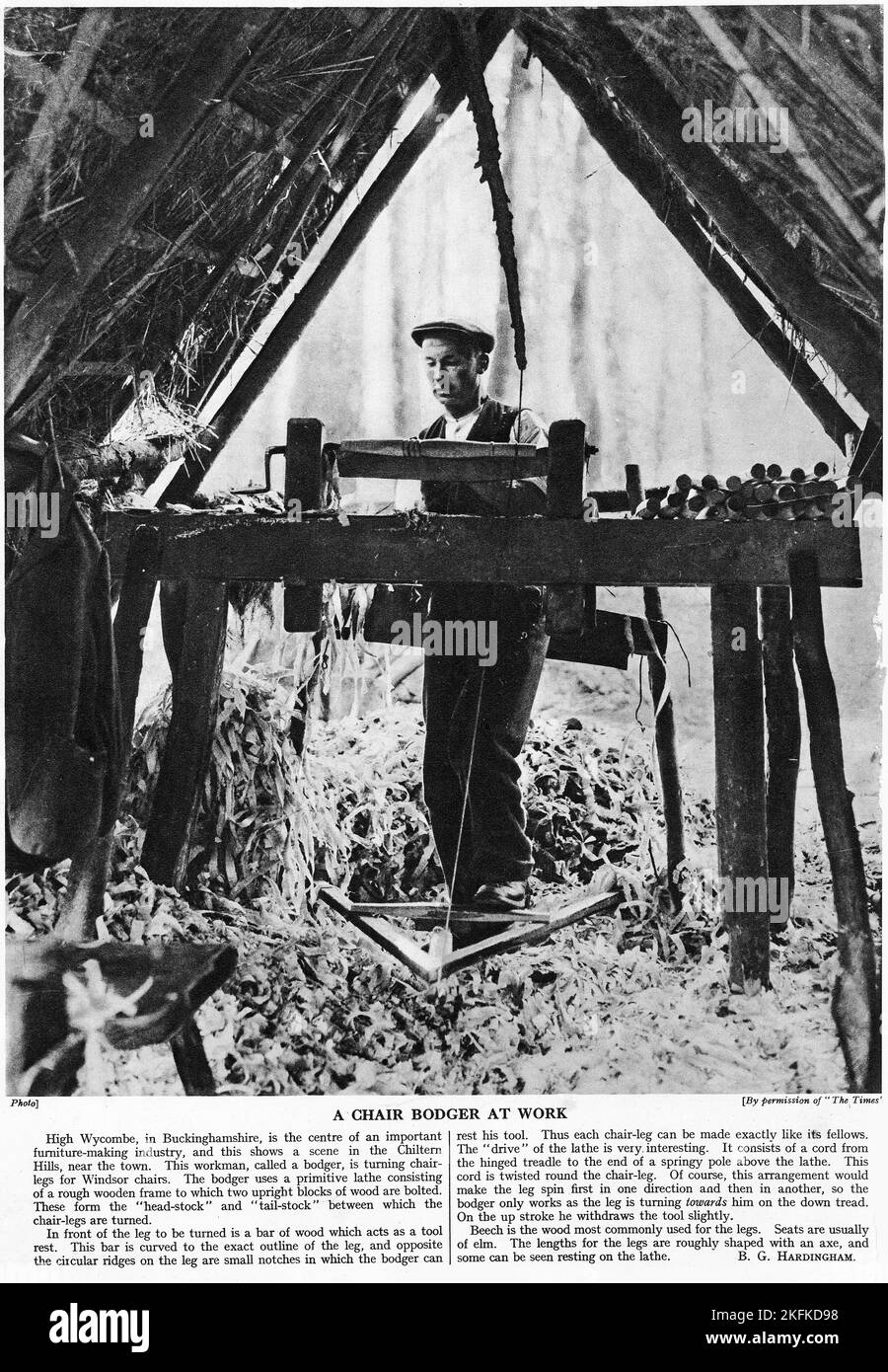 Halftone of a  chair bodger at work turning legs for a chair, from an educational publication, 1927 Stock Photo