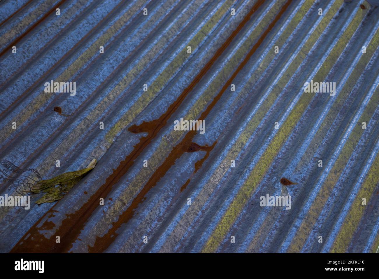 A closeup of a rusty steel roofing sheet texture in daylight Stock Photo