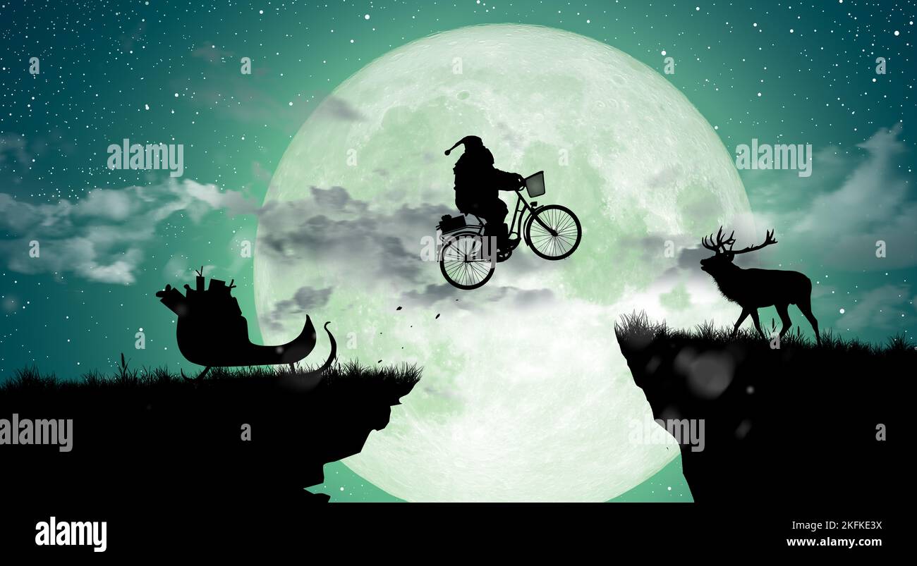 Welcome merry Christmas and Happy new year. Santa Claus on bike jumping across the gap to Silhouette Deer with Full moon background. Stock Photo