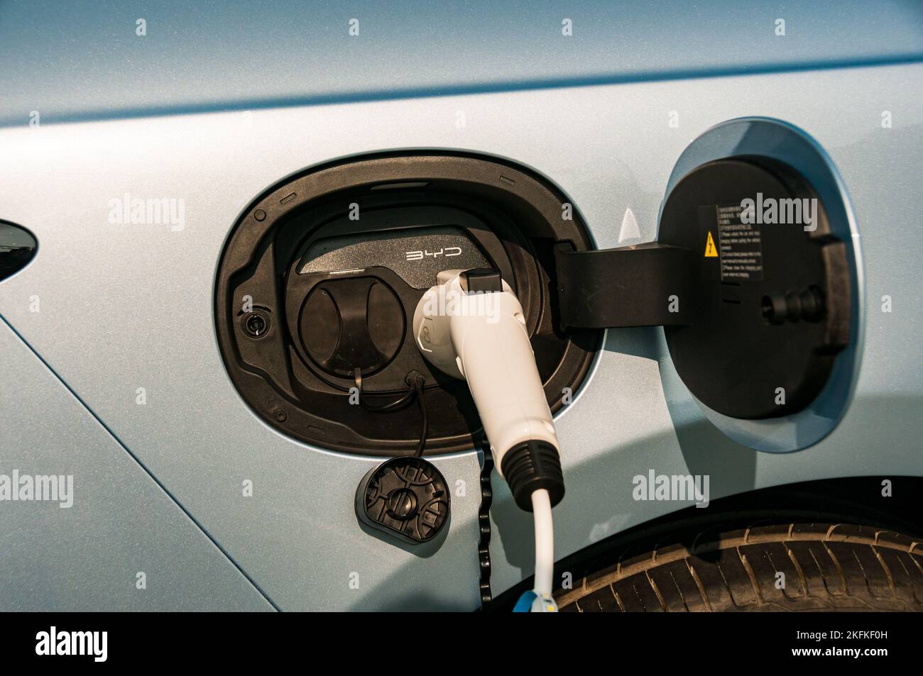 A BYD Seal (Atto 4) charging port being used to demonstrate its V2L (vehicle to load) capability