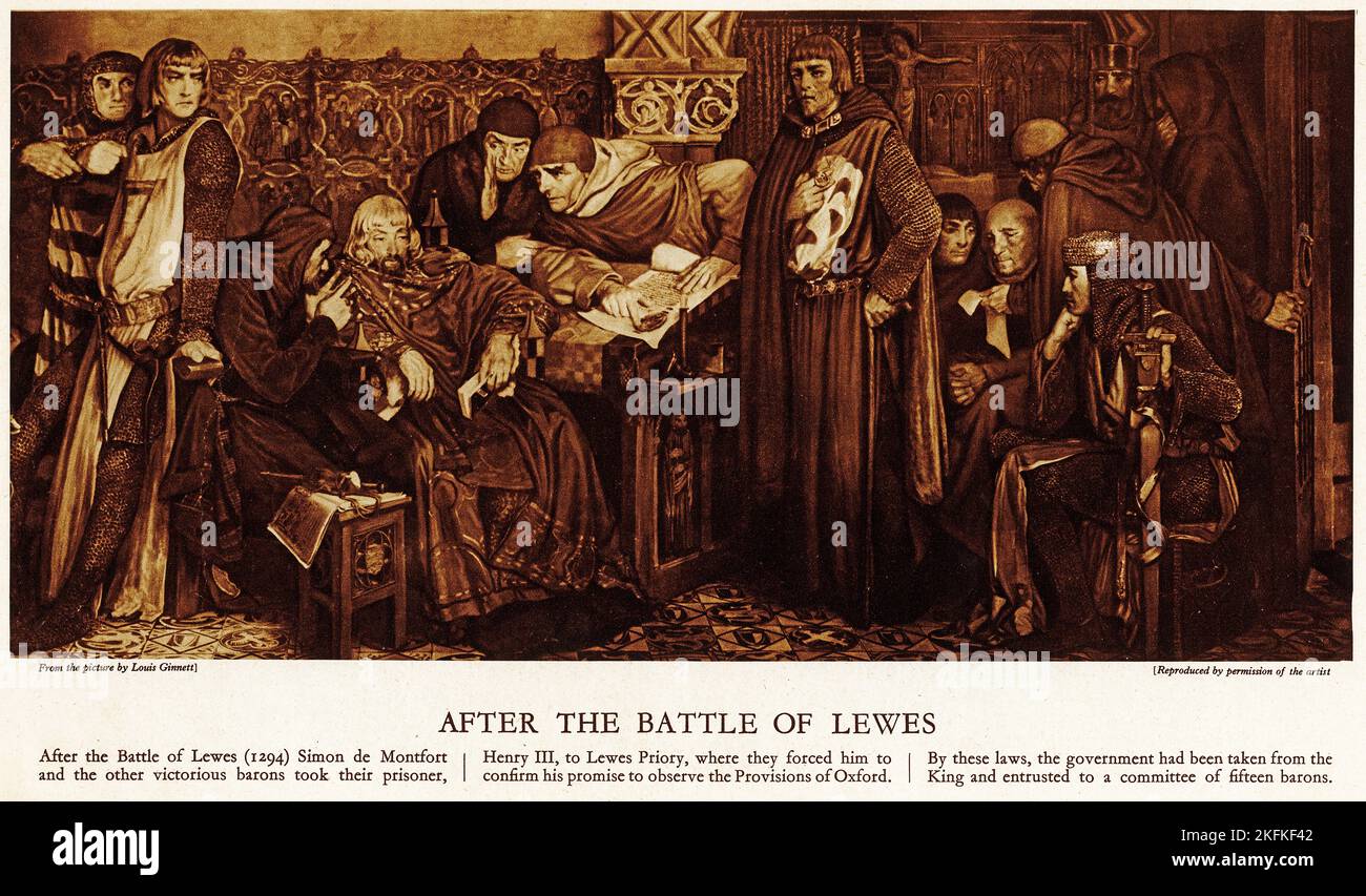Halftone of Simon de Montfort negotiating with the defeated Henry III after the battle of Lewes to observe the Provisions of Oxford, from an educational publication, 1927 Stock Photo
