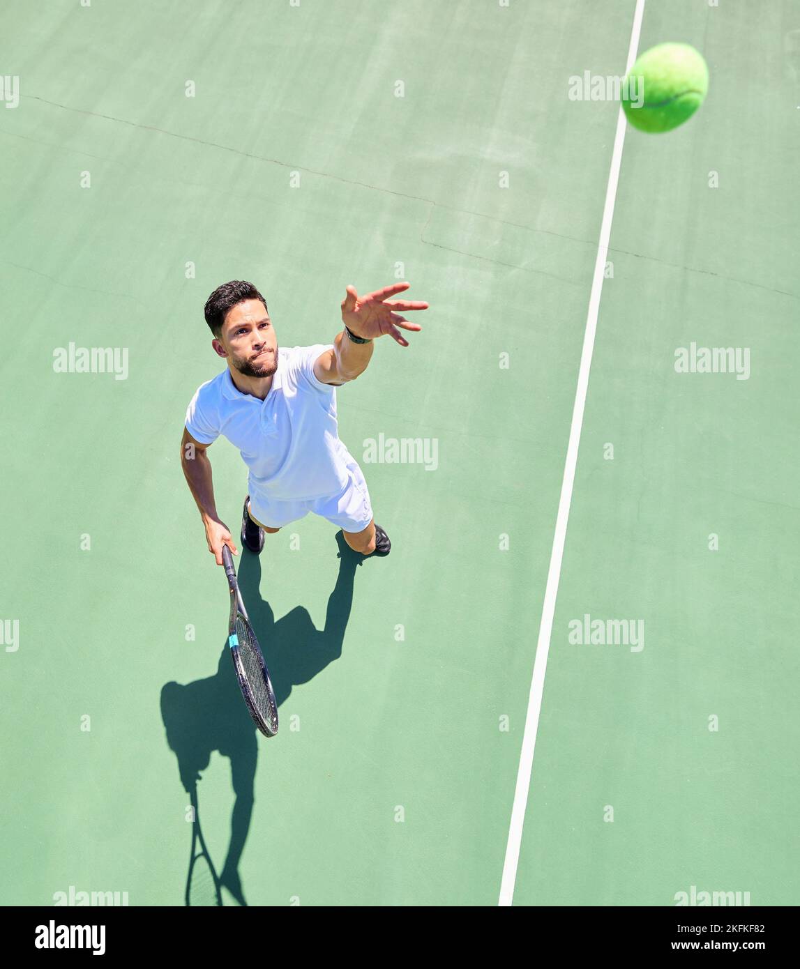 Top view, tennis player and serving ball on tennis court fitness game