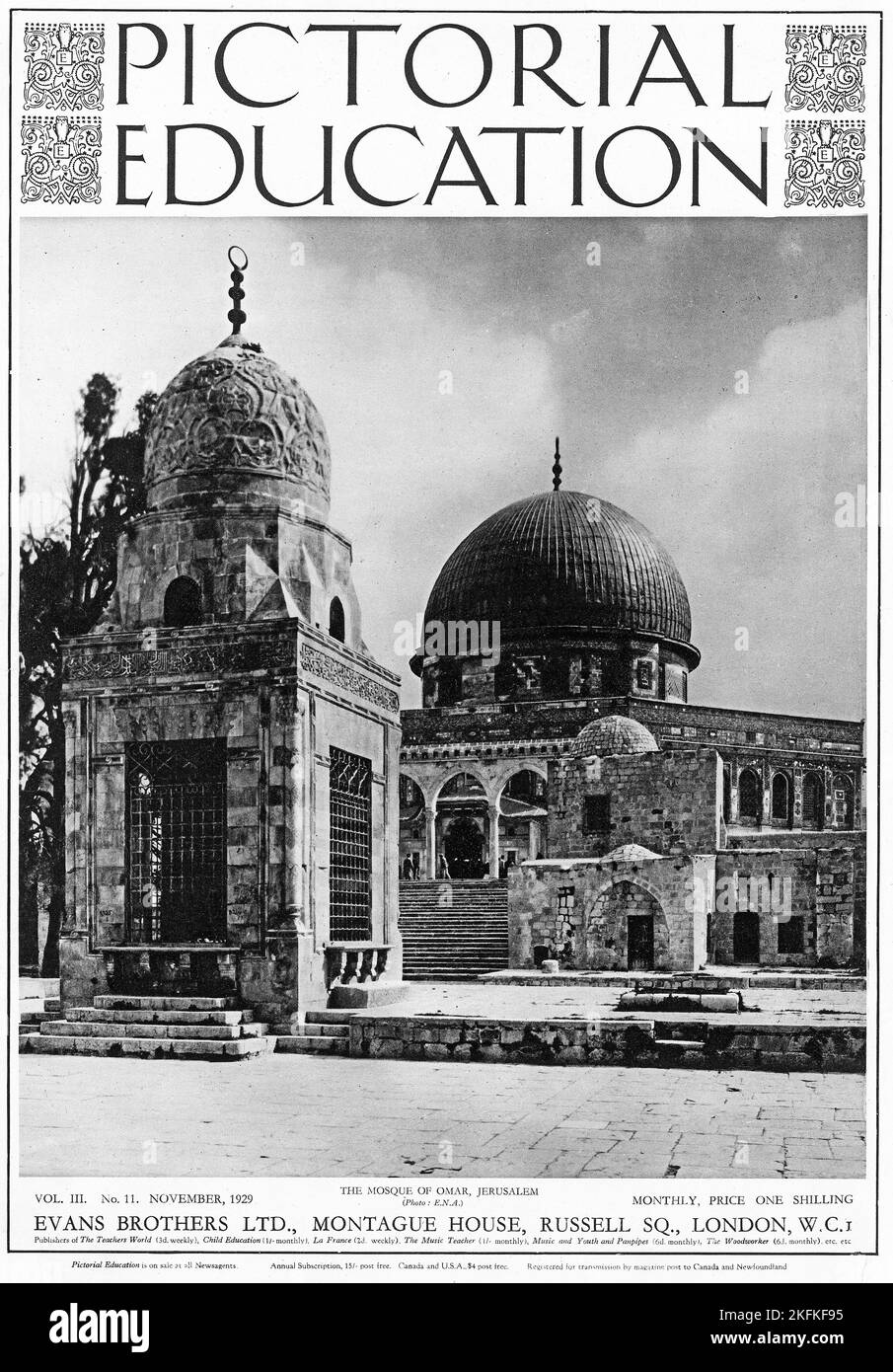Cover of Pictorial Education, November 1929, featuring The Mosque of Omar in Jerusalem Stock Photo