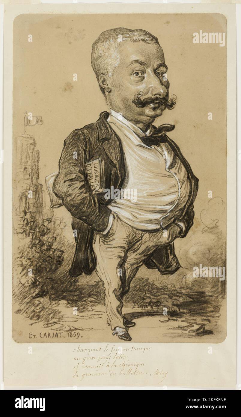 Caricature of a Man, 1859. 'changeant le frac en tunique, au grave pays latin, il donnait &#xe0; la chronique la grandeur du bulletin. M&#xe9;ry'. Holding copy of 'Courier d'Italie'. Stock Photo