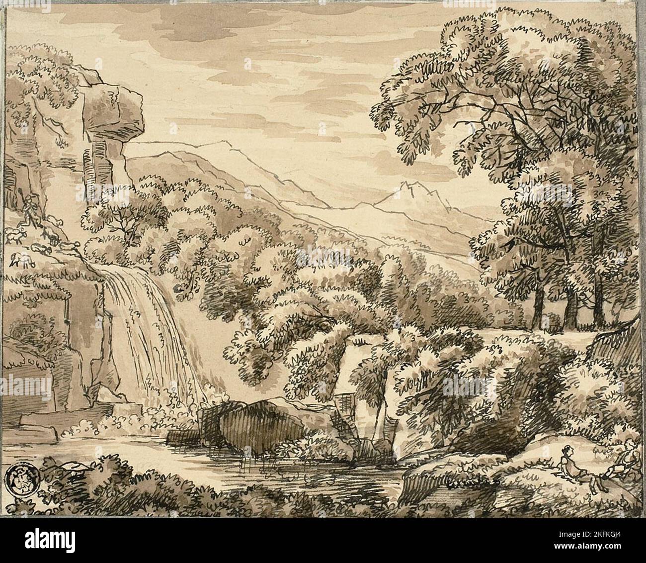 Mountain Landscape with Waterfall and Figures, n.d Stock Photo - Alamy