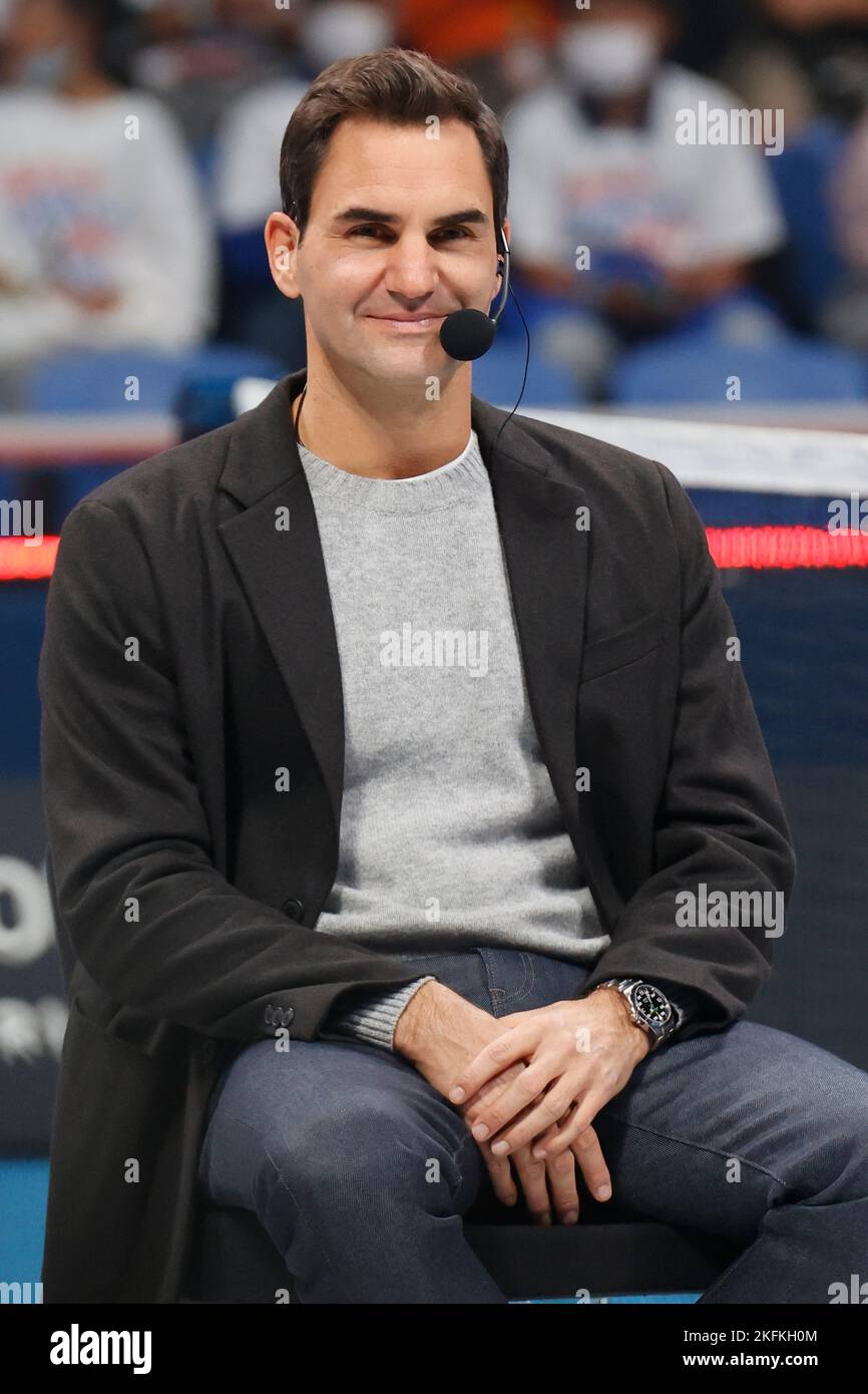 November 19, 2022, Tokyo, Japan Roger Federer speaks during a talk show at Ariake Coliseum for