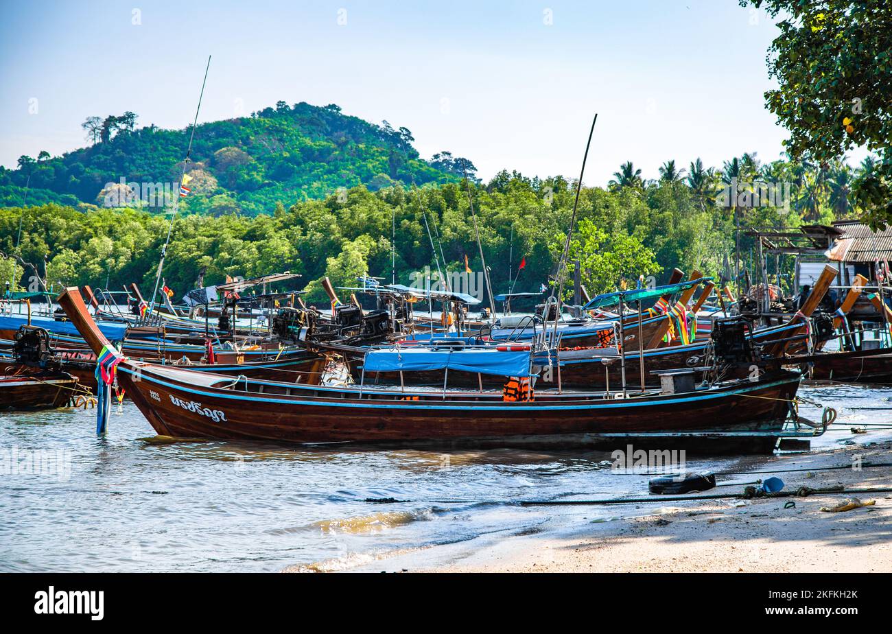 Beach view with long tail boats in koh Mook or koh Muk island, in Trang