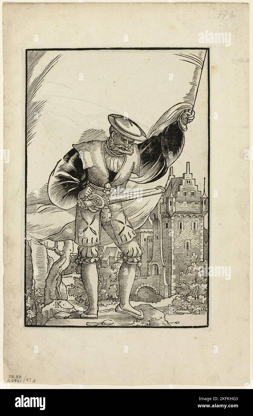 German Soldier Standing with Flag (recto) and German Soldier Marching with Flag (verso) from Wappen des heiligen r&#xf6;mischen Reichs Teutscher Nation, plate 47 from Woodcuts from Books of the XVI Century, 1545, assembled into portfolio by Max Geisberg, 1937. Attributed to Monogrammist I.K. Stock Photo