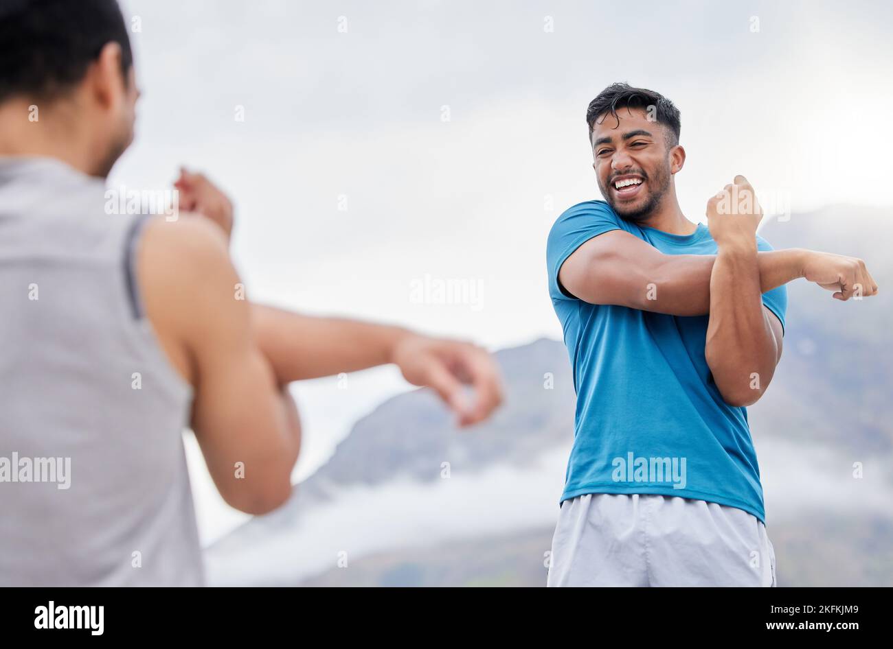 Arm stretching, health and friends in nature for fitness or wellness. Training, exercise and