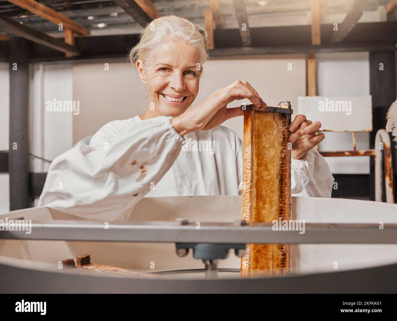 Portrait, beekeeper and honey manufacturing, process and frame in agriculture factory, workshop and industry. Farmer employee, happy smile and farming Stock Photo