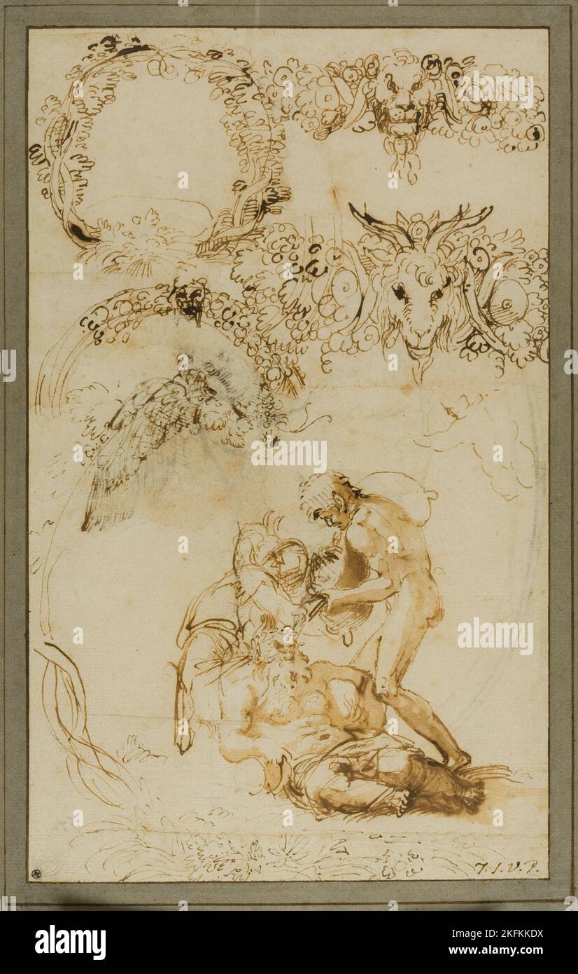 Drunken Silenus and Decorative Sketches: Studies for the Tazza Farnese (recto); Two Putti Fighting: Study for the Galleria Farnese (verso), 1599/1601. Stock Photo