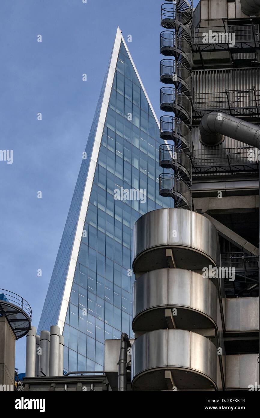 LONDON, UK - OCTOBER 29, 2022: Lloyd's building, in the City of London, with The Scalpel skyscraper (52 Lime Street) in the background Stock Photo
