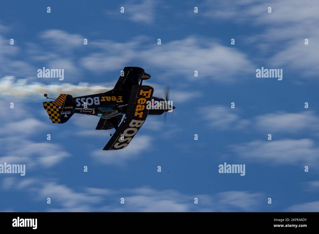 Jon Melby, piloting his Pitts S-1B Muscle Bi-Plane, performs aerobatics during the 2022 Marine Corps Air Station Miramar Air Show at MCAS Miramar, San Diego, California, Sept. 24, 2022. Melby has been performing at air shows since 2001. The theme for the 2022 MCAS Miramar Air Show, “Marines Fight, Evolve and Win,” reflects the Marine Corps’ ongoing modernization efforts to prepare for future conflicts. Stock Photo