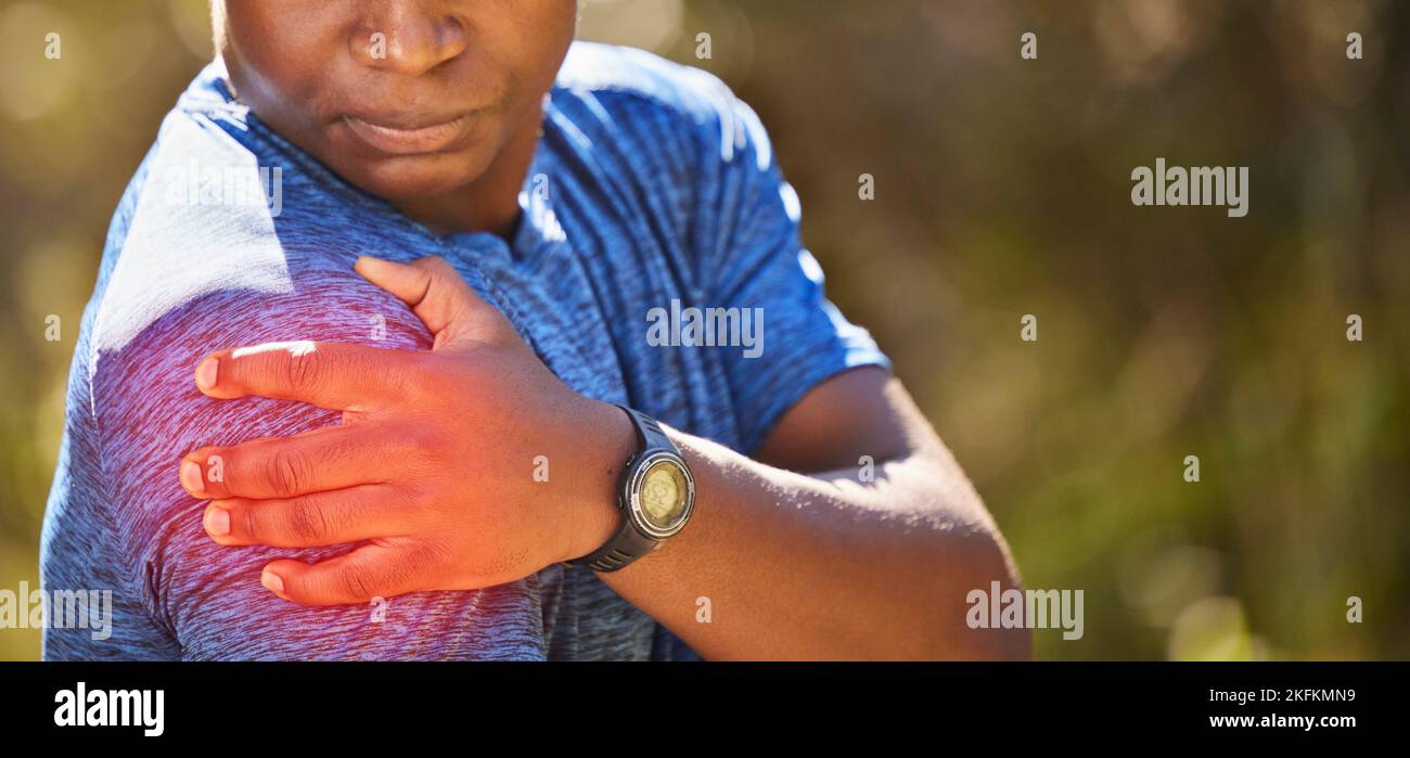 Injury Fitness And Black Man With Shoulder Pain While Running In Nature Medical Emergency And