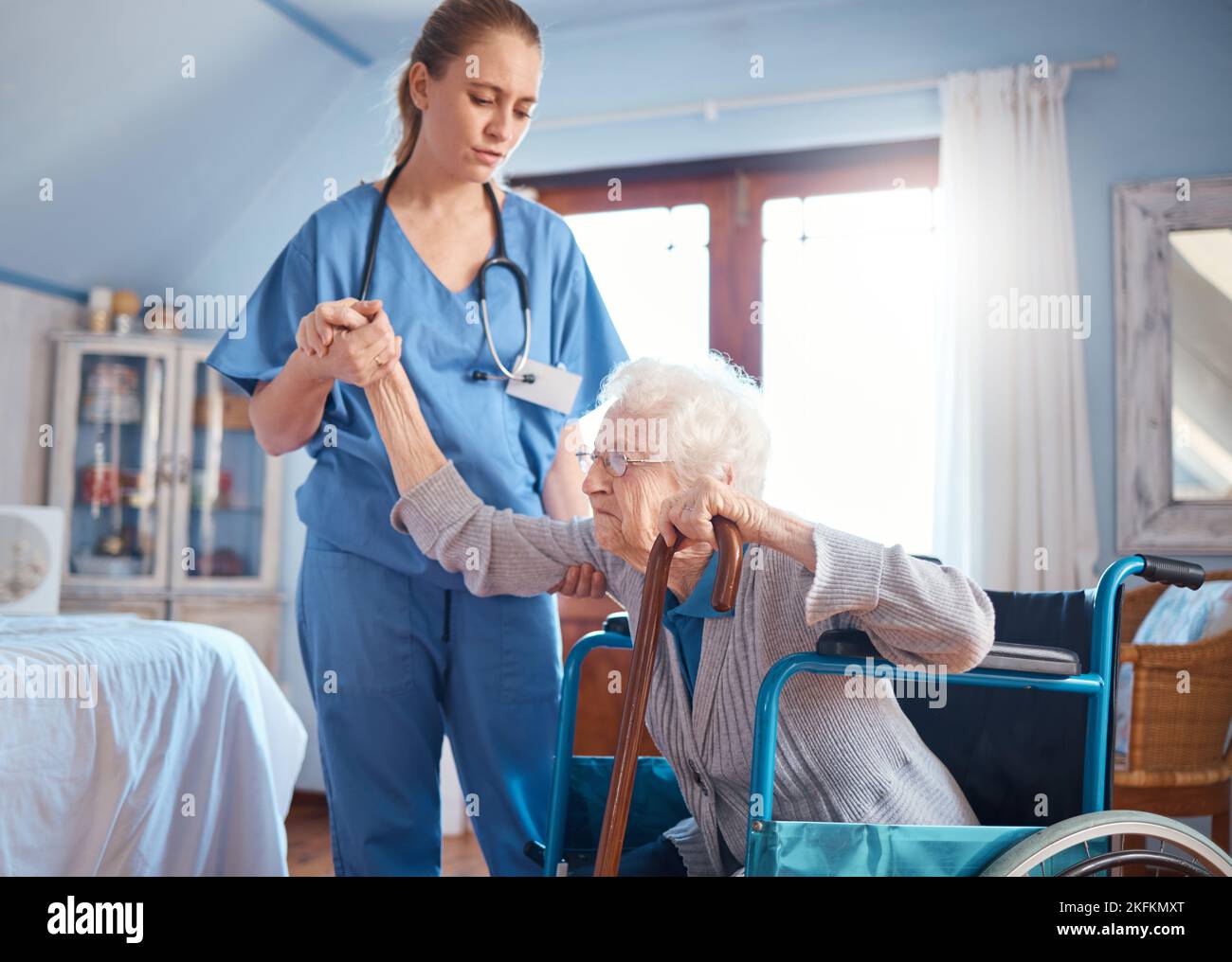 Disability, woman in wheelchair and bedroom with nurse or doctor