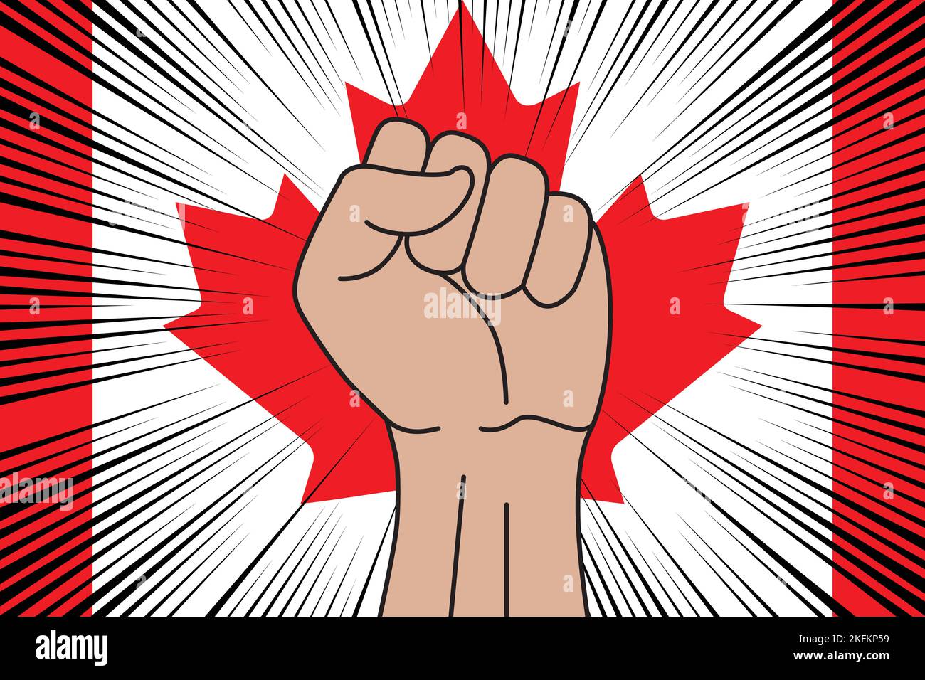 Human fist clenched symbol on flag of Canada background. Power and