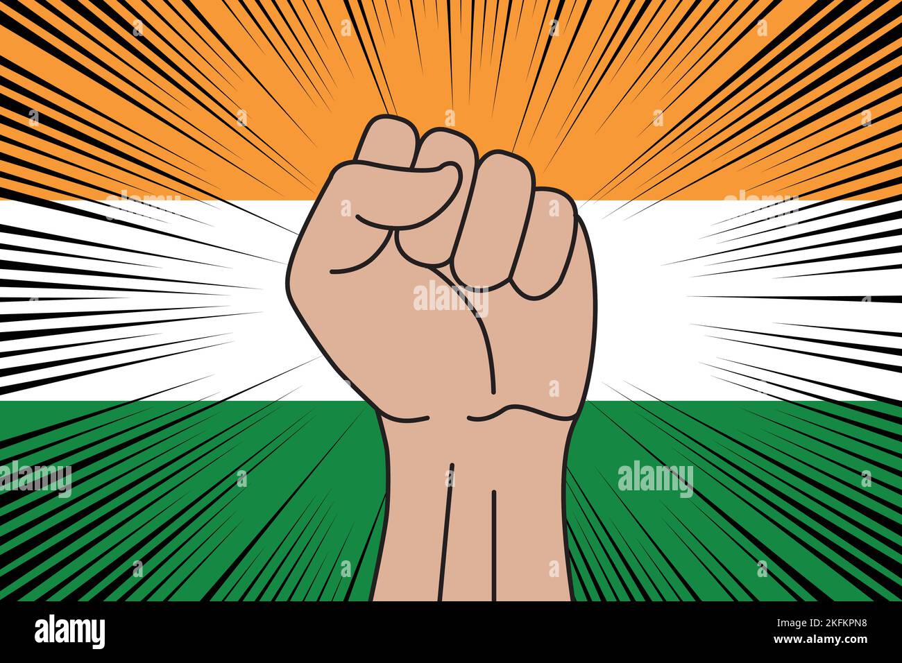 Human fist clenched symbol on flag of India background. Power and