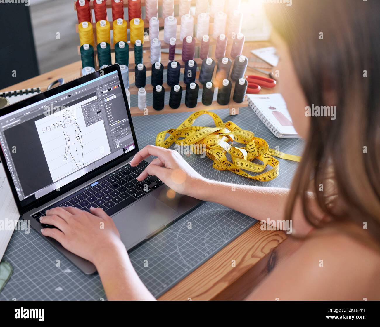 Fashion design, digital work and clothing production computer working