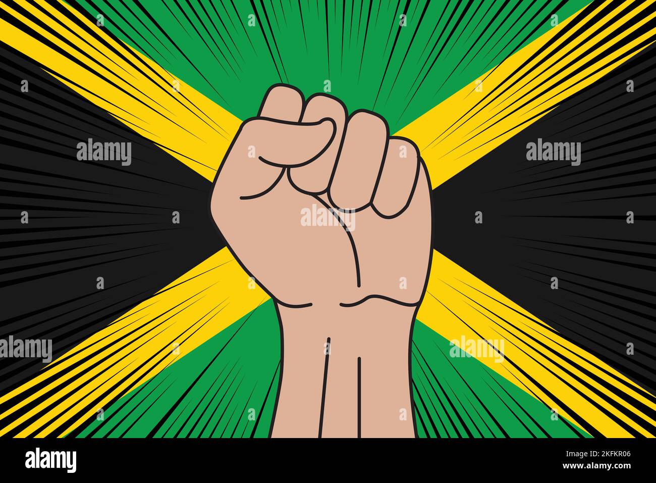 Human fist clenched symbol on flag of Jamaica background. Power and