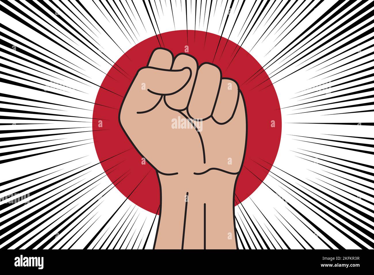 Human fist clenched symbol on flag of Japan background. Power and