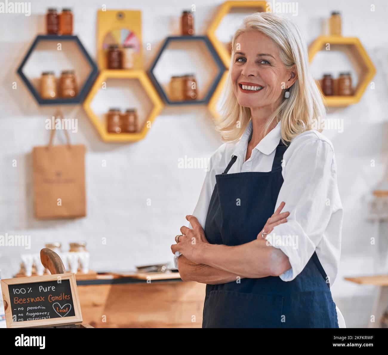 Retail, manager and honey with woman in store for grocery, food and natural products. Supermarket, organic and trade with portrait of small business Stock Photo