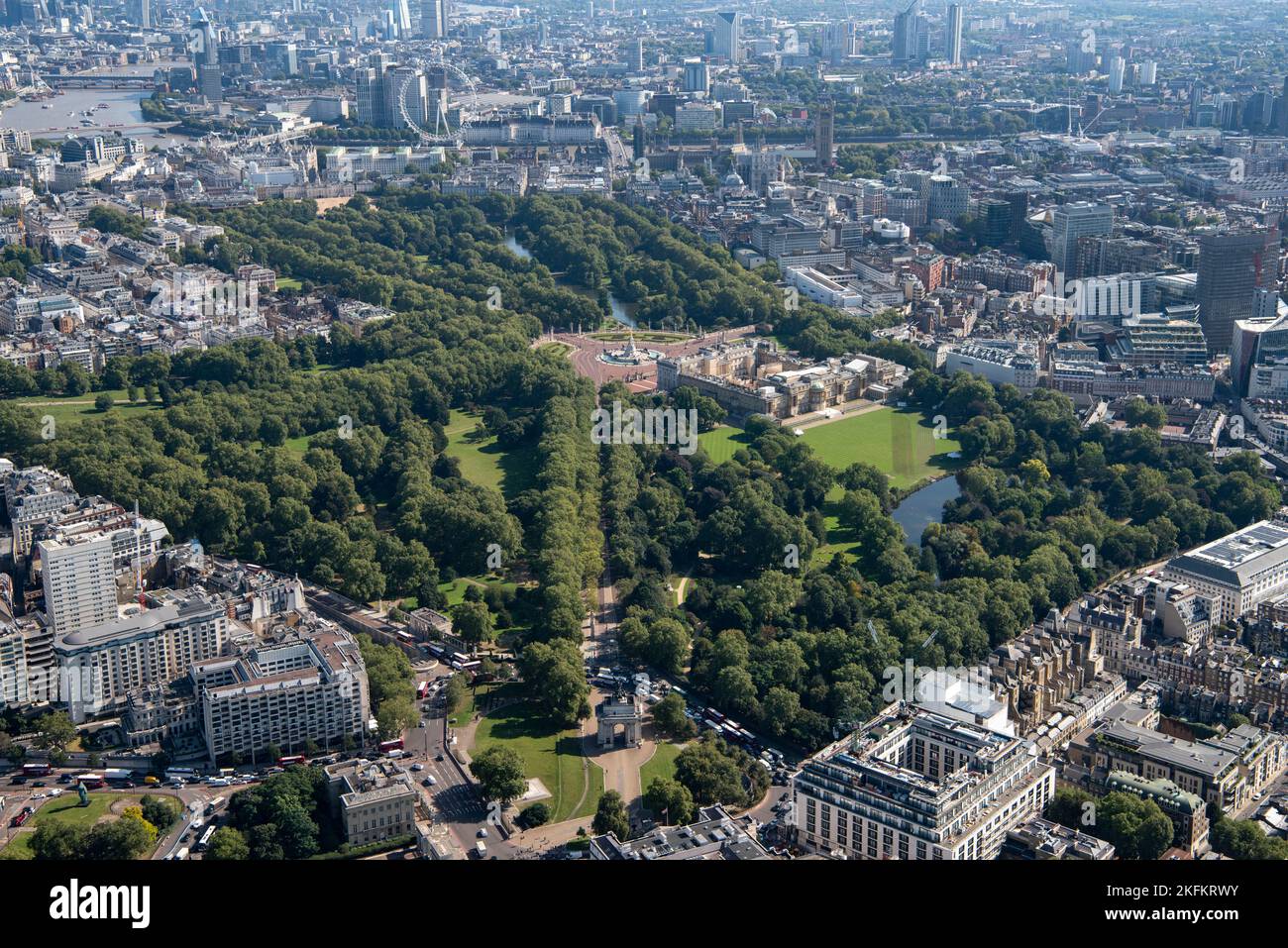 Looking east from Wellington Arch along Constitution Hill to the London Eye and River Thames, Westminster, Greater London Authority, 2021. Stock Photo