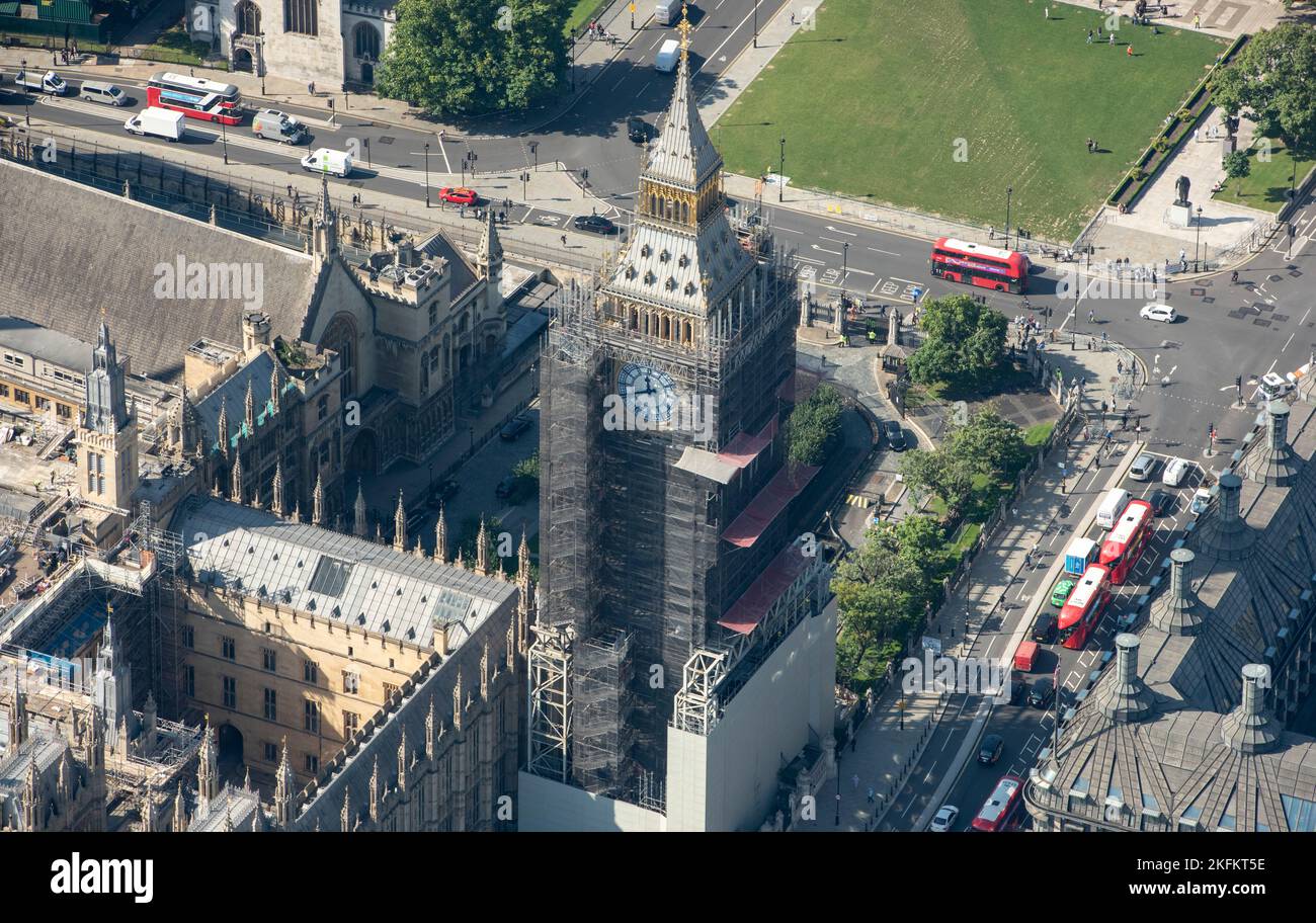The Elizabeth Tower or Big Ben undergoing renovations at the Houses of Parliament, Westminster, Greater London Authority, 2021. Stock Photo