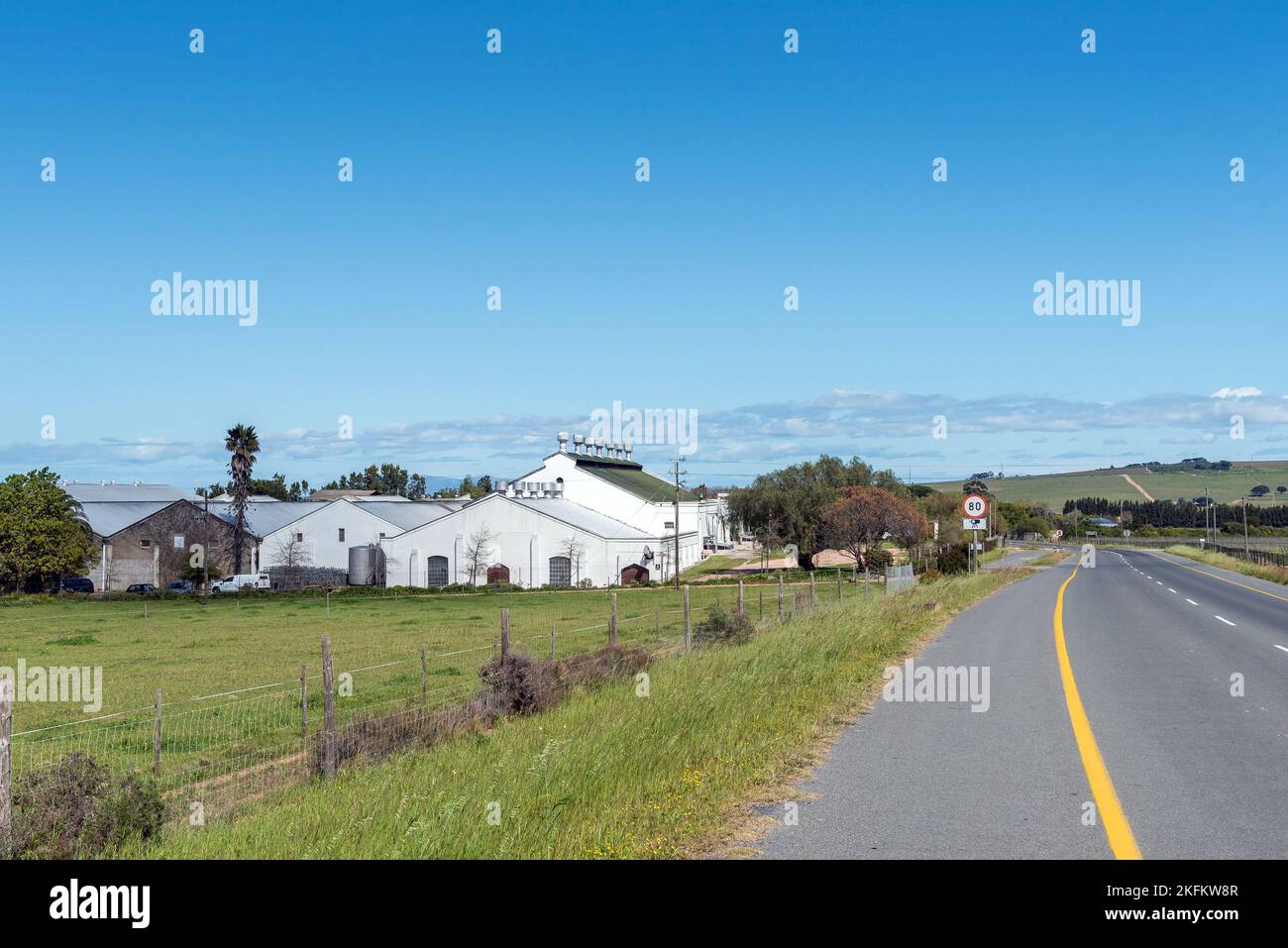Somerset West, South Africa - Sep 19, 2022: Landscape on Winery Road near Somerset West in the Western Cape Province. Buildings of Helderberg Wijnmake Stock Photo