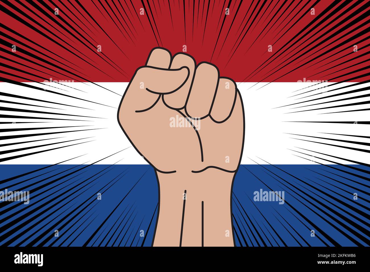 Human fist clenched symbol on flag of Netherlands background. Power and strength logo Stock Vector