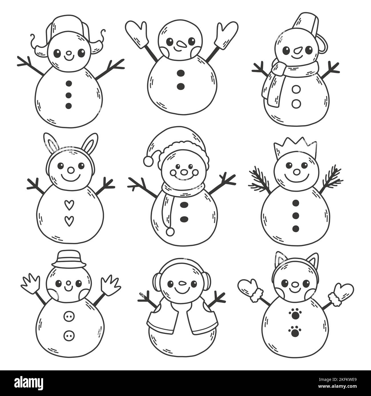Vector doodle set of holidays snowman. Funny snowmen in different