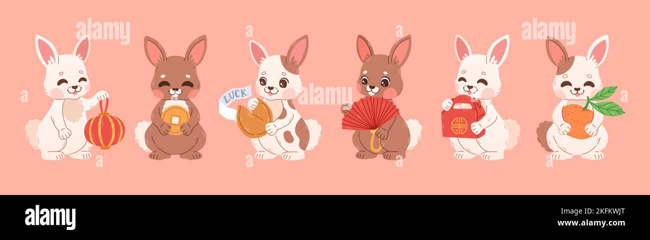 Happy Chinese new year 2023 set with cute rabbits. 2023 CNY card