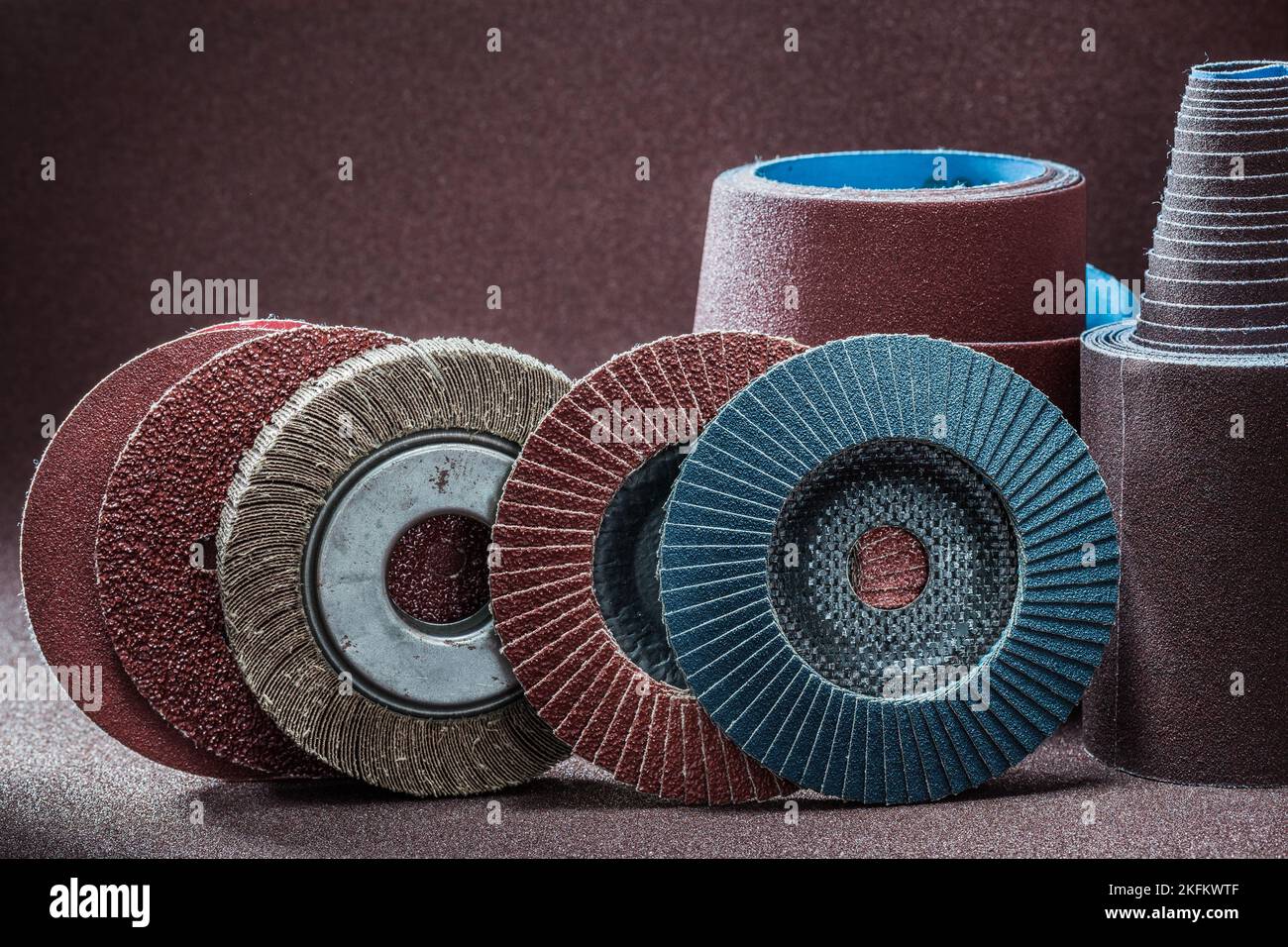 abrasive tools set of flap wheels and rolled sandpaper Stock Photo Alamy