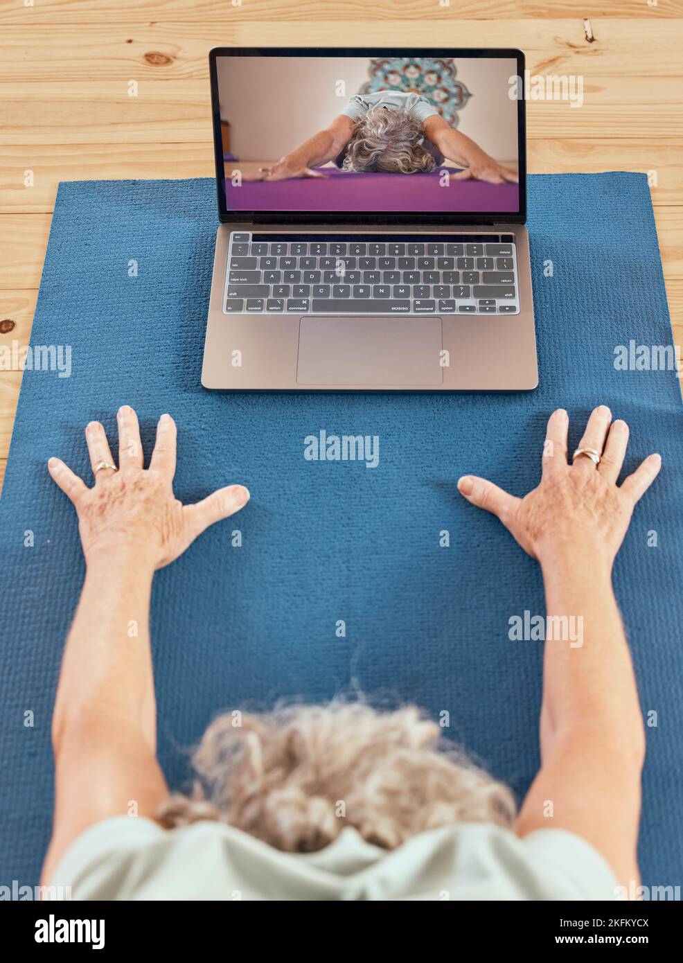 Computer, digital yoga and gym class of a woman fitness, exercise and wellness workout at home. Pilates, stretching and living room training video Stock Photo
