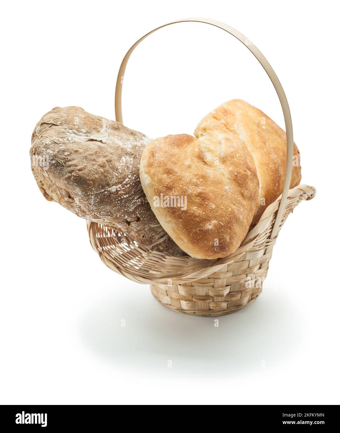 bread in wicker basket isolated on white Stock Photo