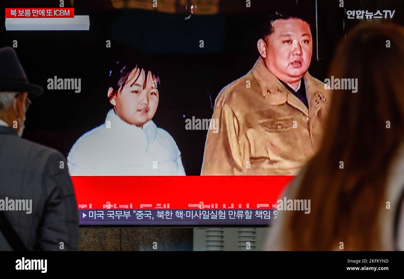 A TV screen shows North Korea's KCNA released pictures of North Korean