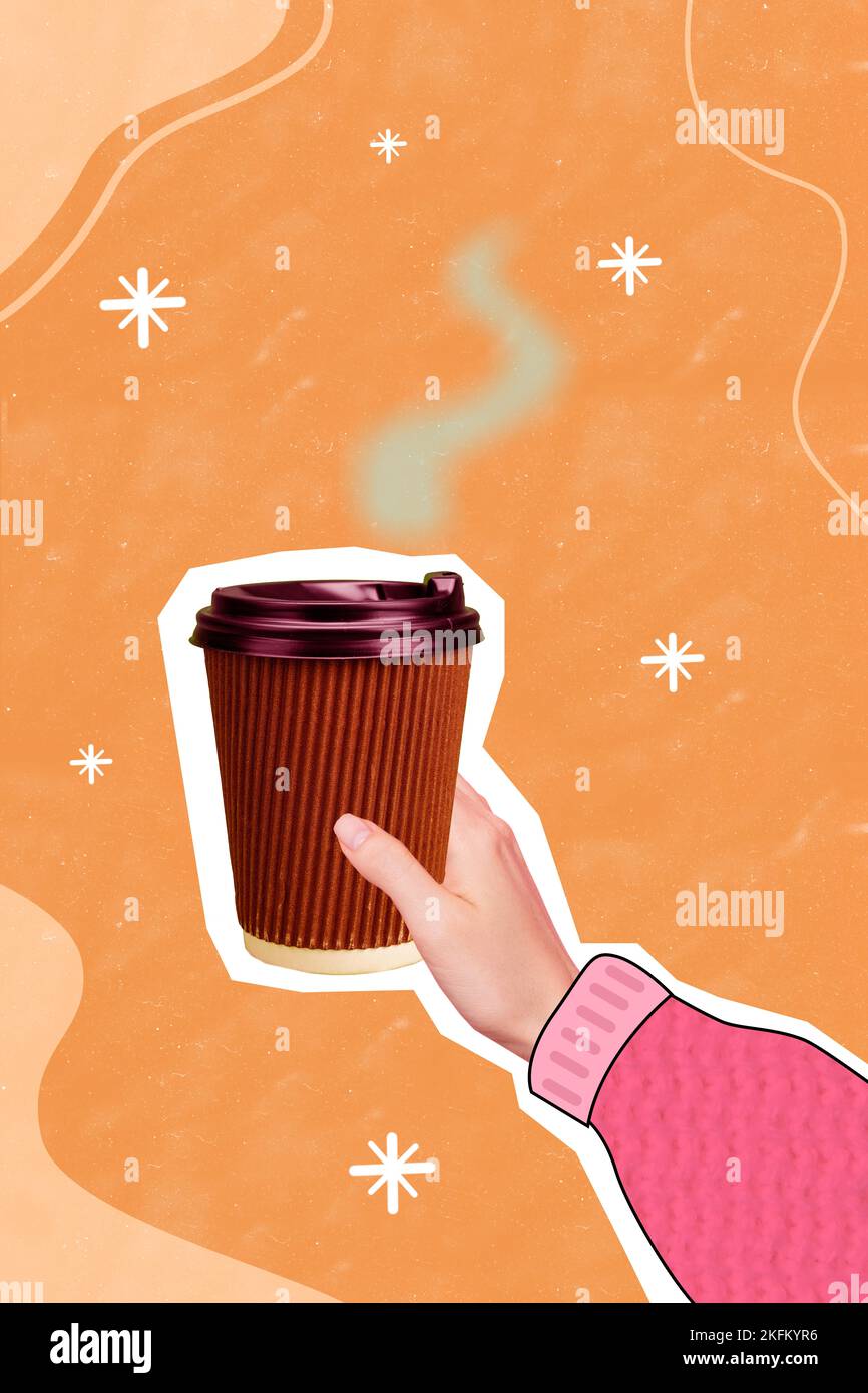 Creative photo 3d collage artwork poster greeting card of woman arm hold tasty hot drink enjoy magic time isolated on painting background Stock Photo