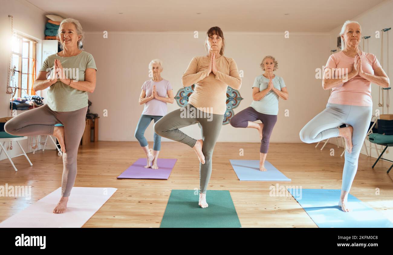 Yoga balance, class and senior women doing wellness breathing exercise, studio workout or pilates fitness. Elderly healthcare lesson, retirement Stock Photo