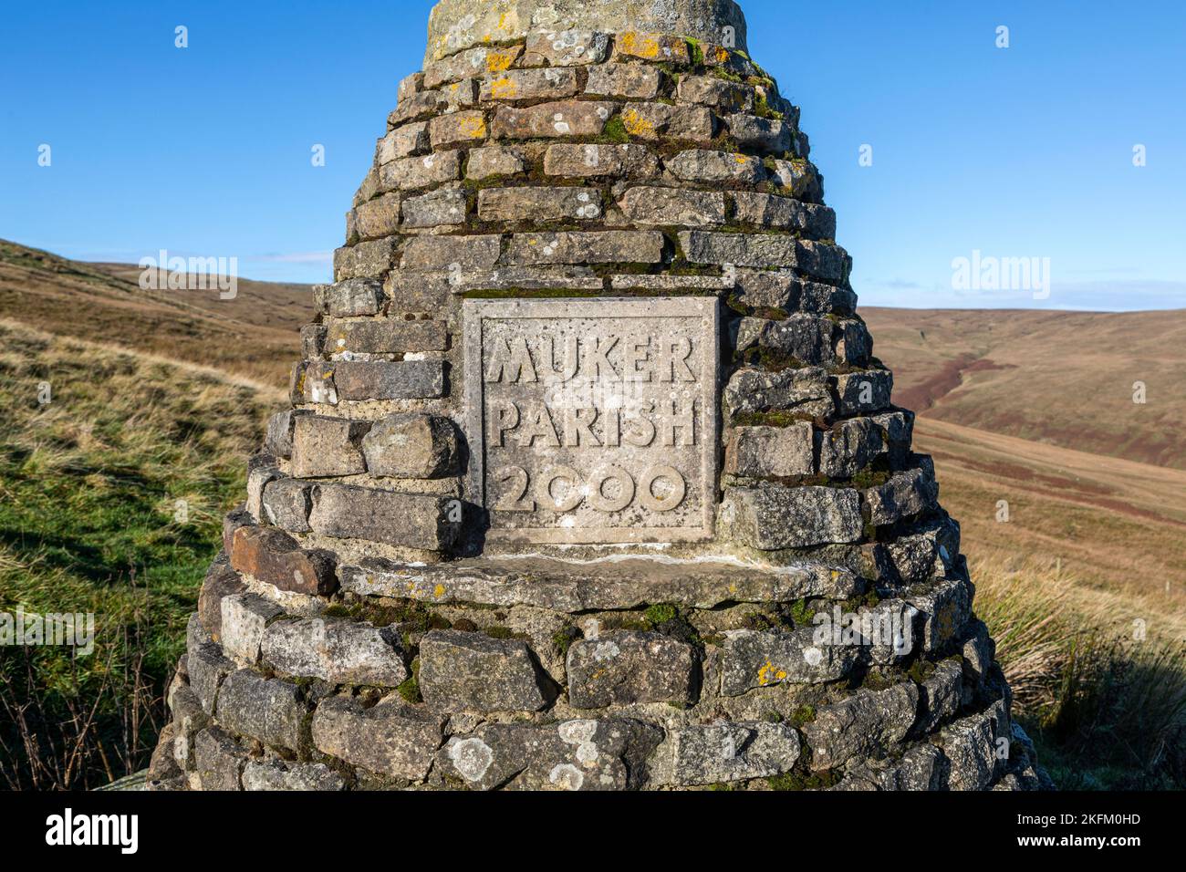 The Millennium boundary marker, Muker Parish, Buttertubs Pass Road, Swaledale, Yorkshire Dales National Park, Yorkshire, England Stock Photo