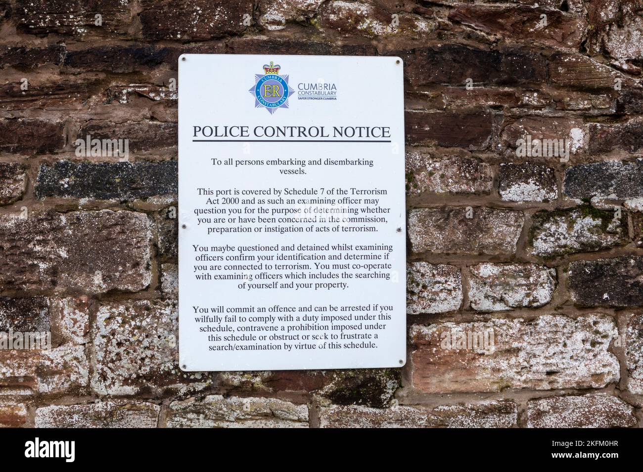 A  police control notice at Maryport harbour, Cumbria. Stock Photo