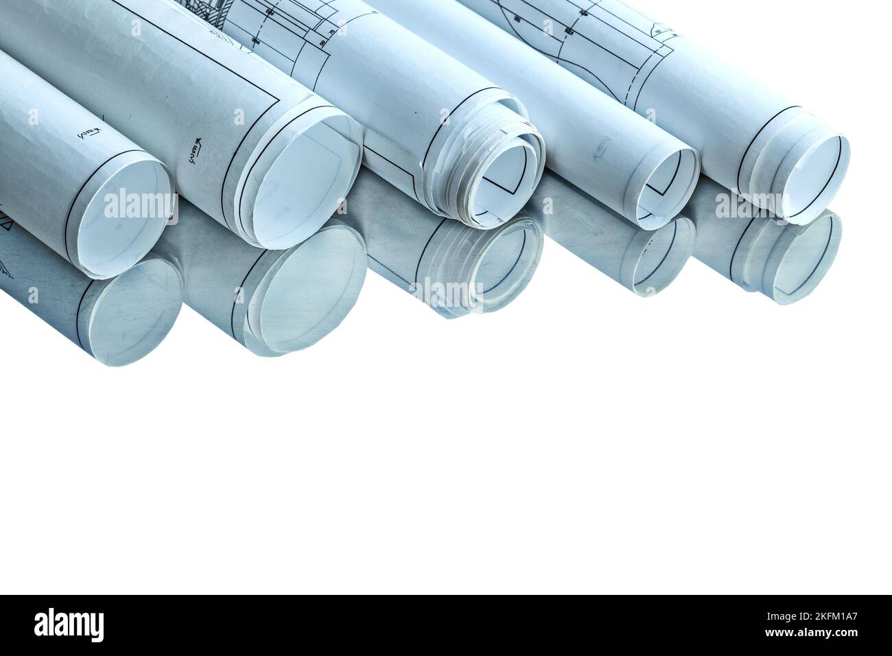 close up view rolled isolated blueprints on mirror Stock Photo - Alamy