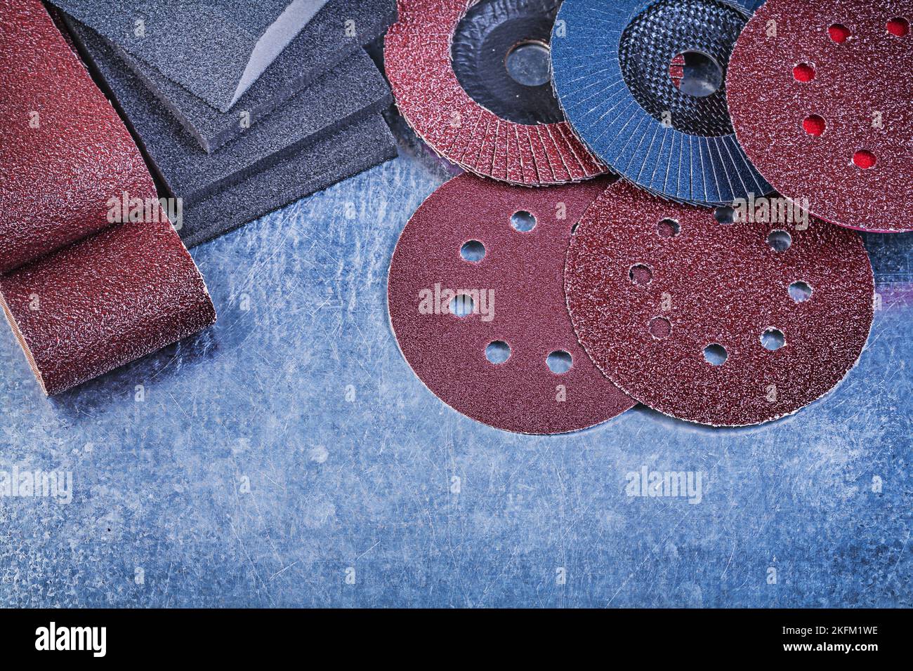 Composition of abrasive equipment on metallic background directly above Stock Photo Alamy