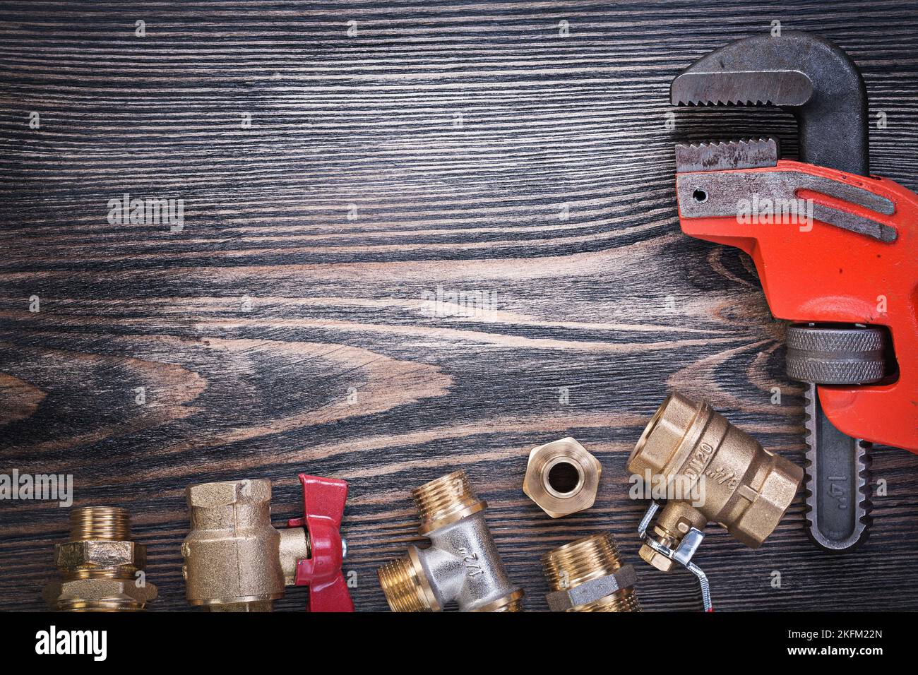 Composition of plumbers equipment on wooden board plumbing concept Stock Photo Alamy