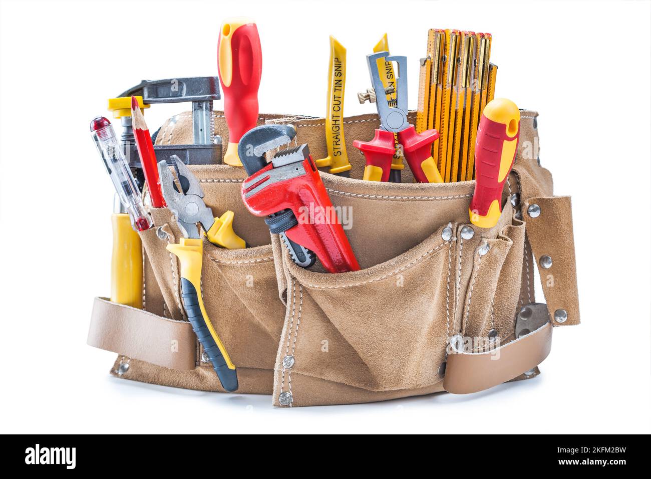 construction hand tools in brown leather tool belt isolated on white