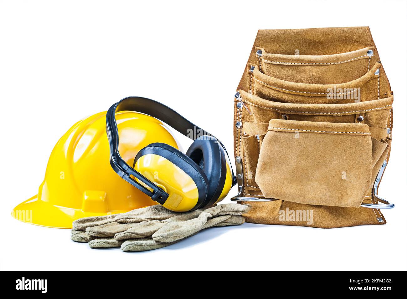 construction helmet gloves earphones leather toolbelt isolated on white Stock Photo