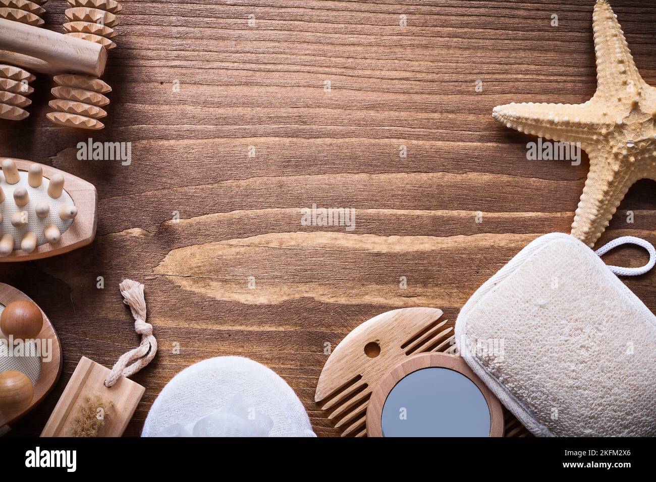 copyspace helthcare background sauna articles on vintage wooden board. Stock Photo