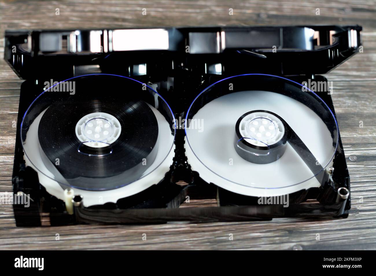 VHS video cassette tape from inside with the front casing removed