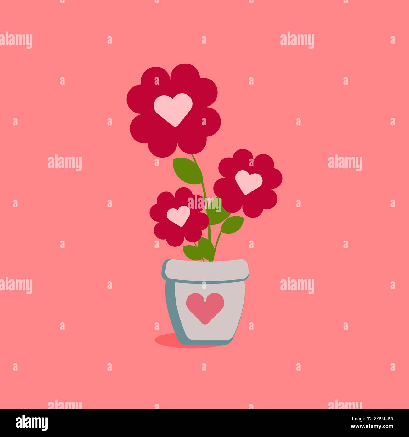 Heart shape red flowers in a flower pot. Love and romance symbol. Flat ...