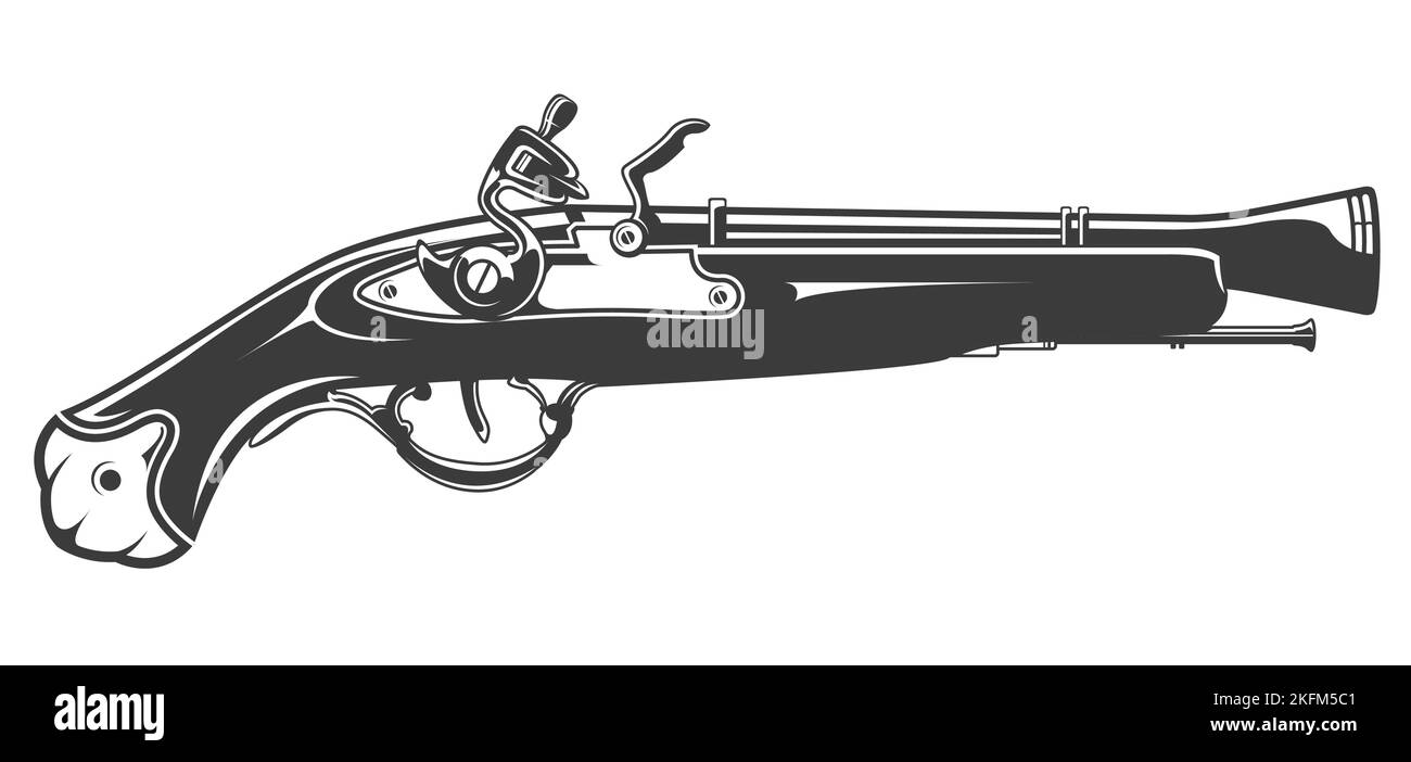 Old pirate firelock musket, ornate vintage pistol, old muzzle-loading shoulder gun, vector Stock Vector