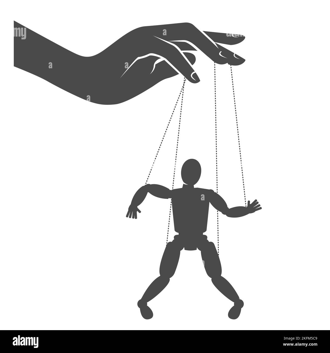Puppet master hand manipulates a puppet hanging on strings, puppeteer, man being controlled by woman, henpecked, vector Stock Vector