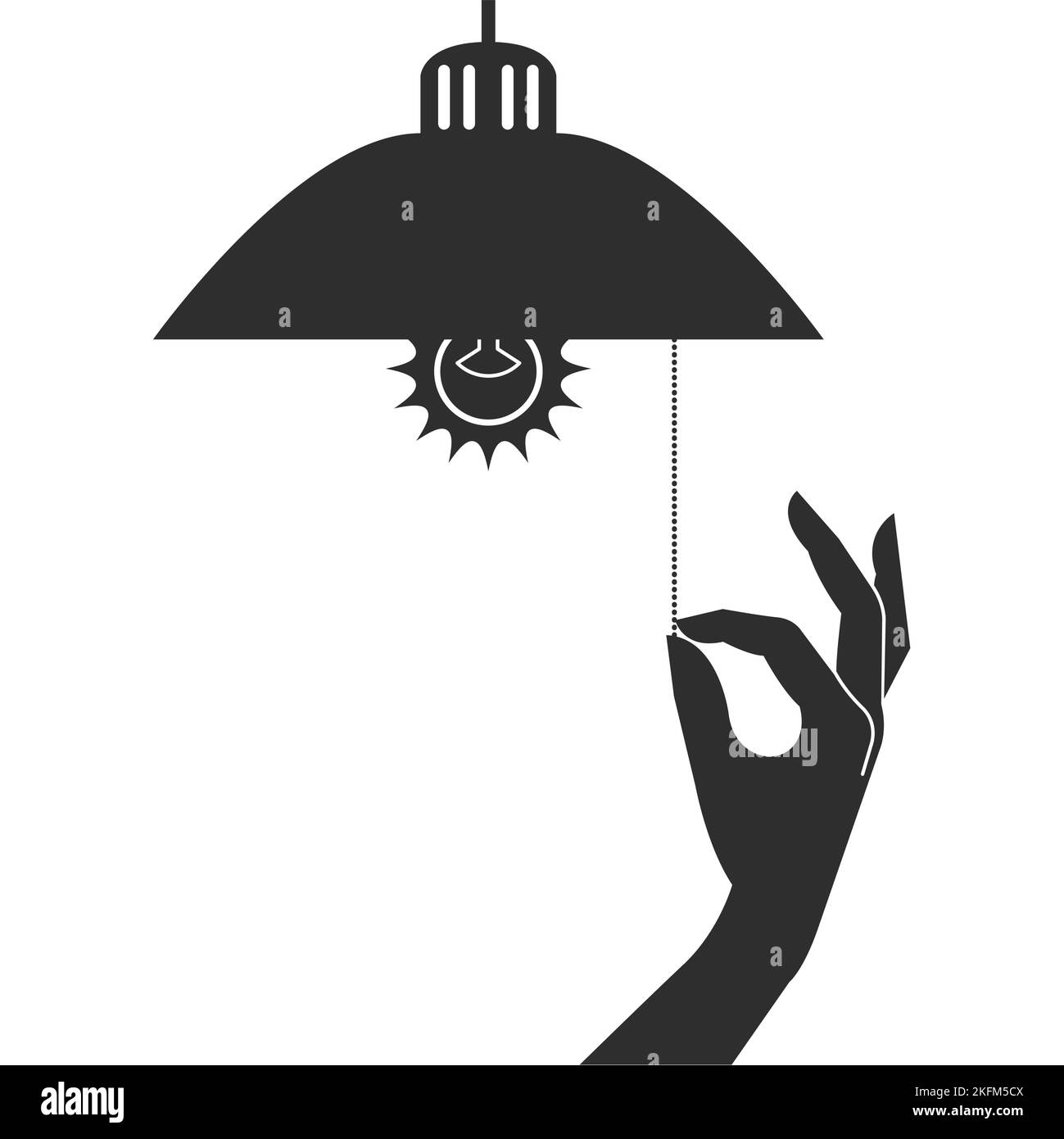 Saving energy, lampshade and hand of woman turns off light with pull-chain switch, lamp energy efficiency, vector Stock Vector
